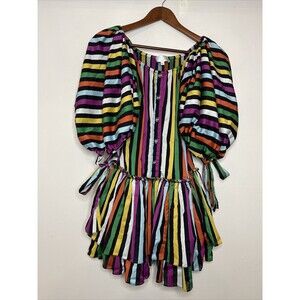 Caroline Constas Womens XS Striped Bella Dress Rainbow Striped Tiered Ruffle